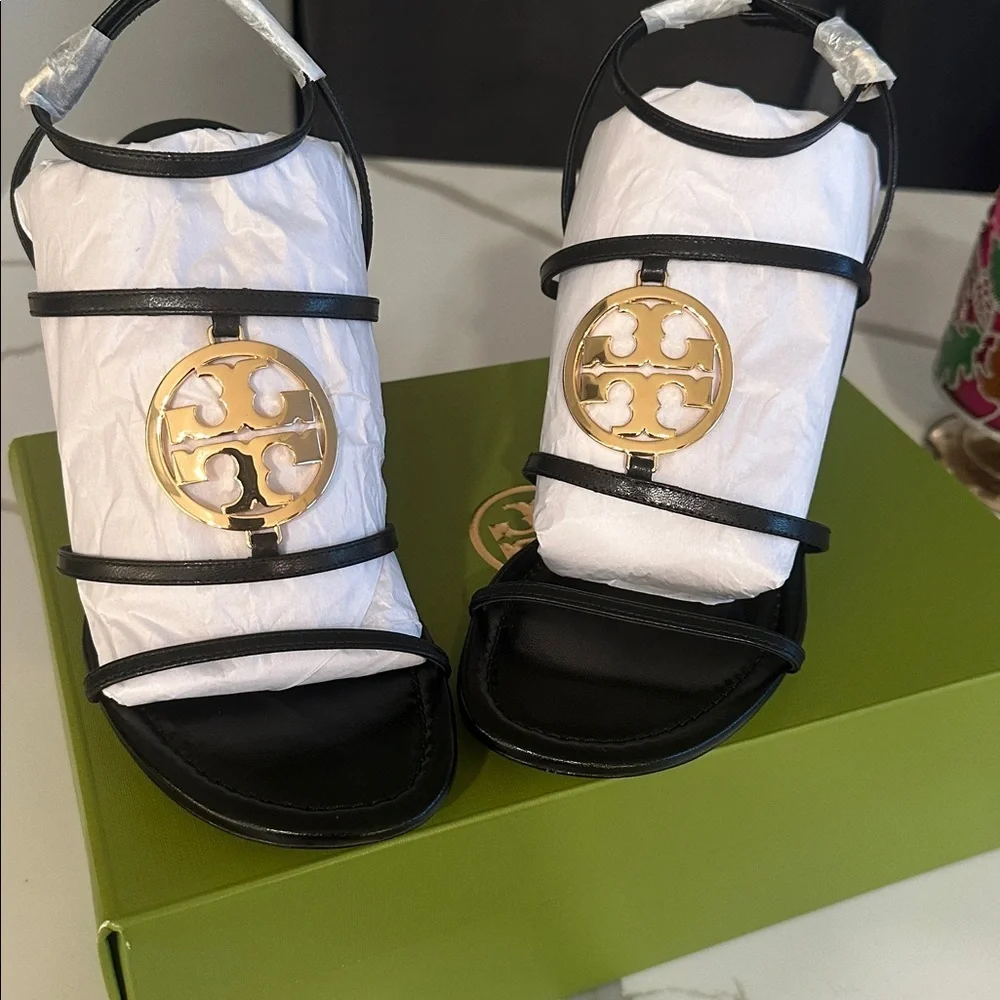 Tory Burch Black Wedge Sandals with Gold Accent